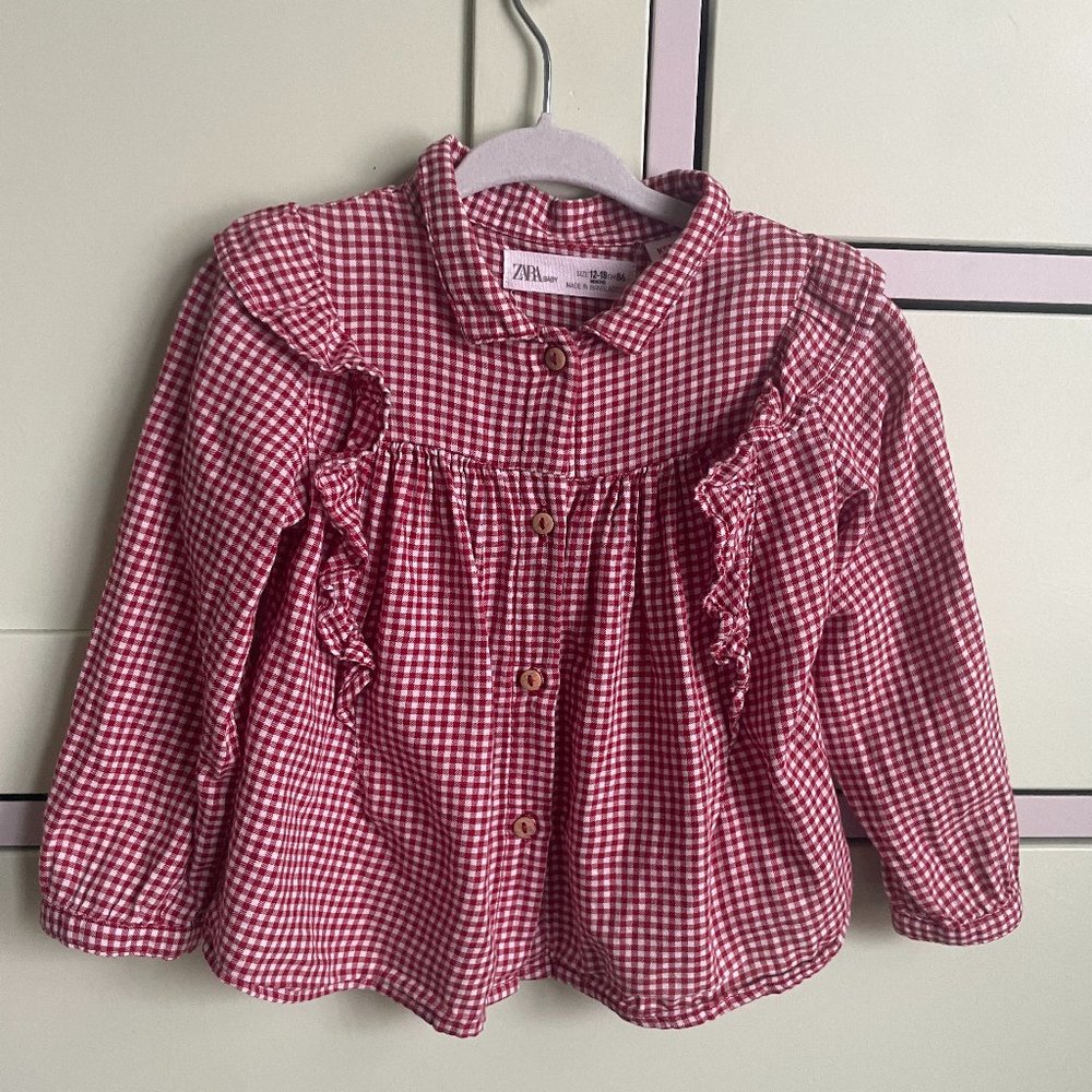 Zara small girl cotton shirt with ruffles; red gingham; 12-18 months